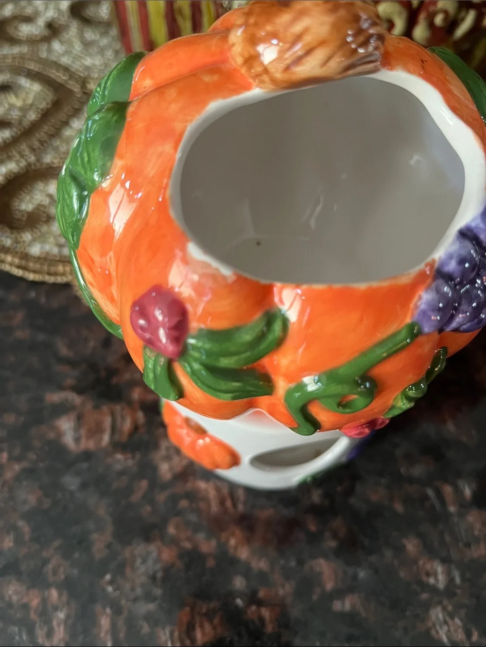 Hand-Painted Orange Pumpkin Ceramic Votive with Purple Grape Accent